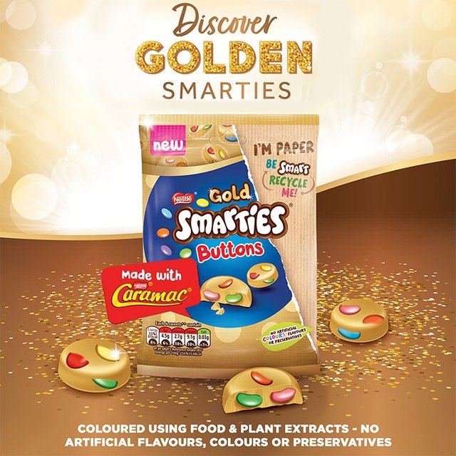 Nestle Smarties Buttons Gold Caramel White Chocolate Made With Caramac Sharing Bag 85g-B