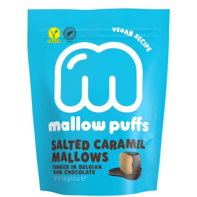 Ζαχαρωτά Με Αλατισμένη Καραμέλα Και Επικάλυψη Βέλγικης Σοκολάτας Υγείας Mallow Puffs Marshmallows Salted Caramel In Dark Chocolate Vegan 100g